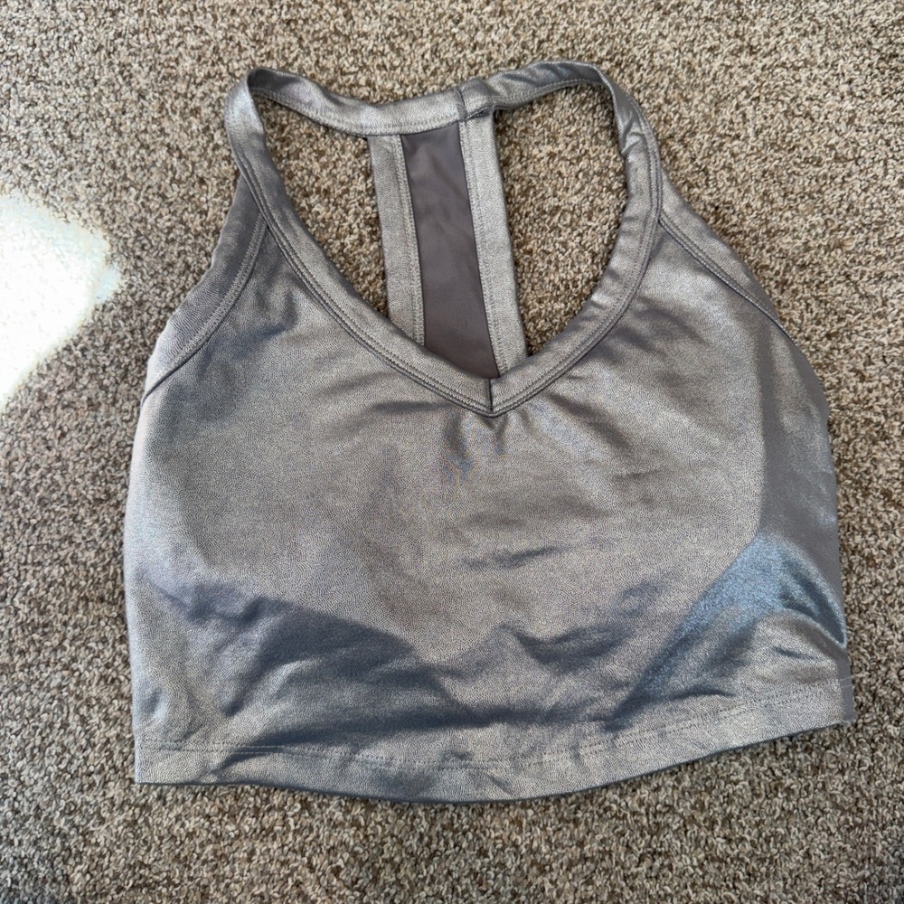 Beyond Yoga Silver Metallic Foil Racerback V-Neck Sports Bra Small